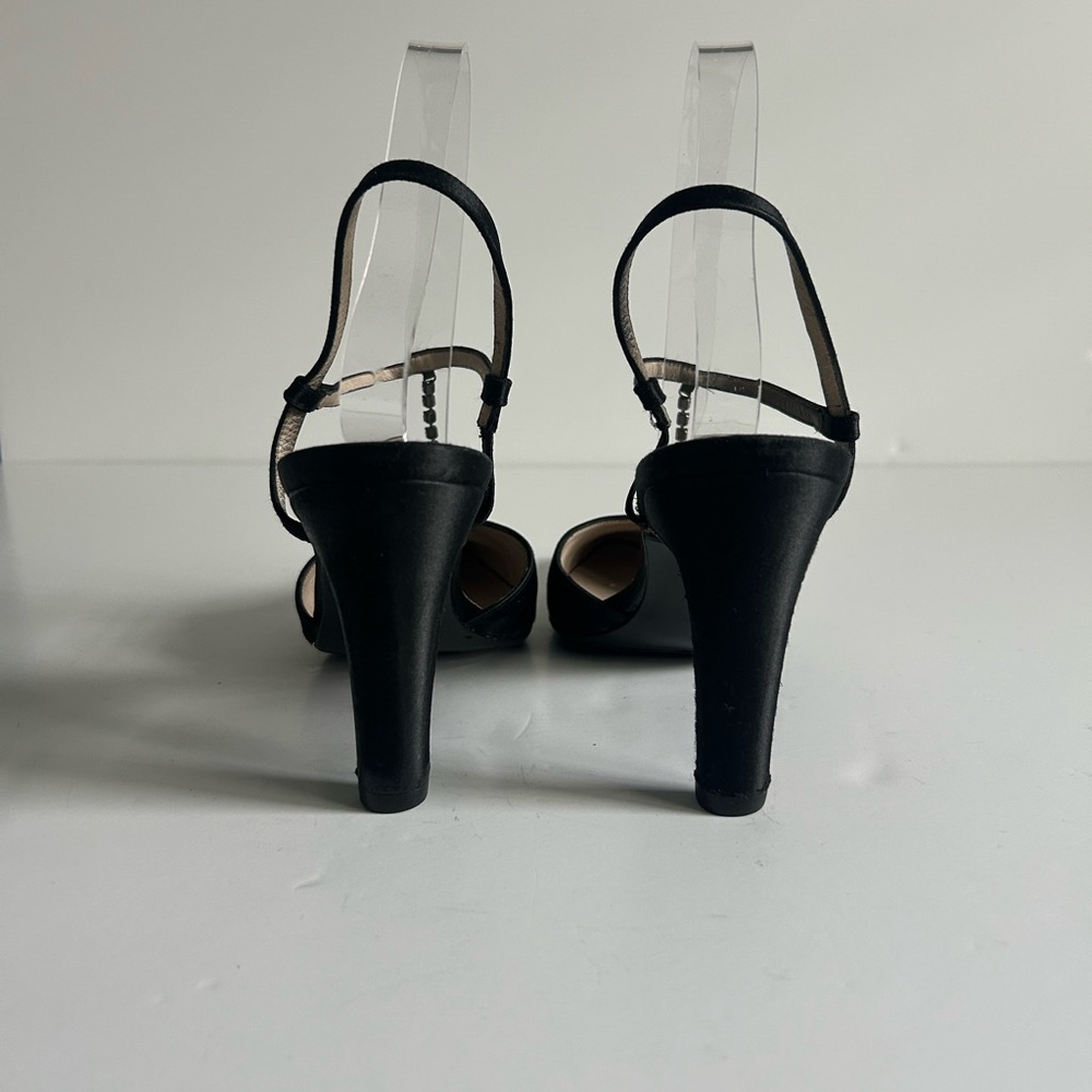 CHANEL Vintage Black Silk Satin T-Strap Heels Rhinestone Detail Karl Lagerfeld - Picture 6 of 13